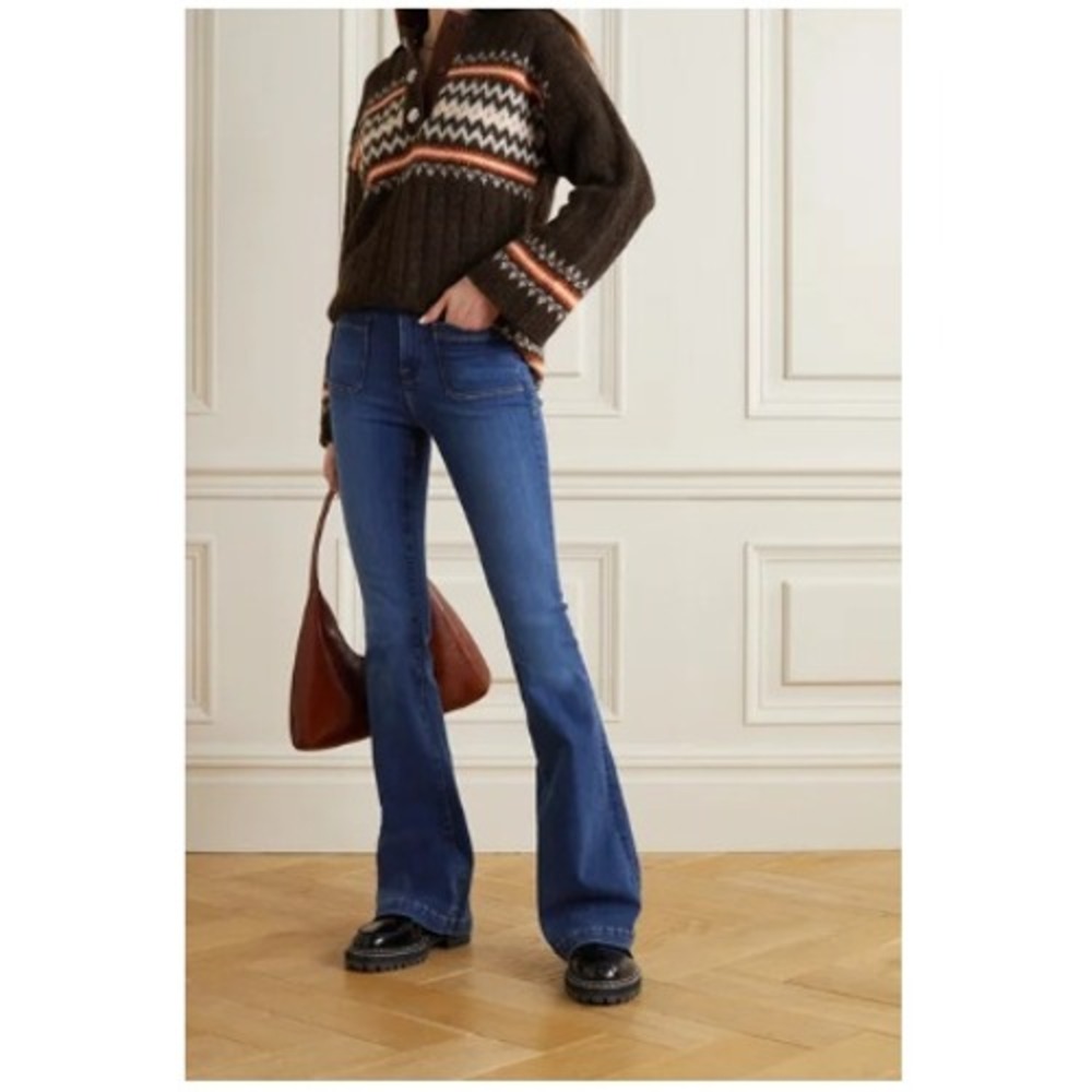 FRAME Le Bardot High Rise Flare Jeans Womens 28 Decades Blue Patch Pocket Denim